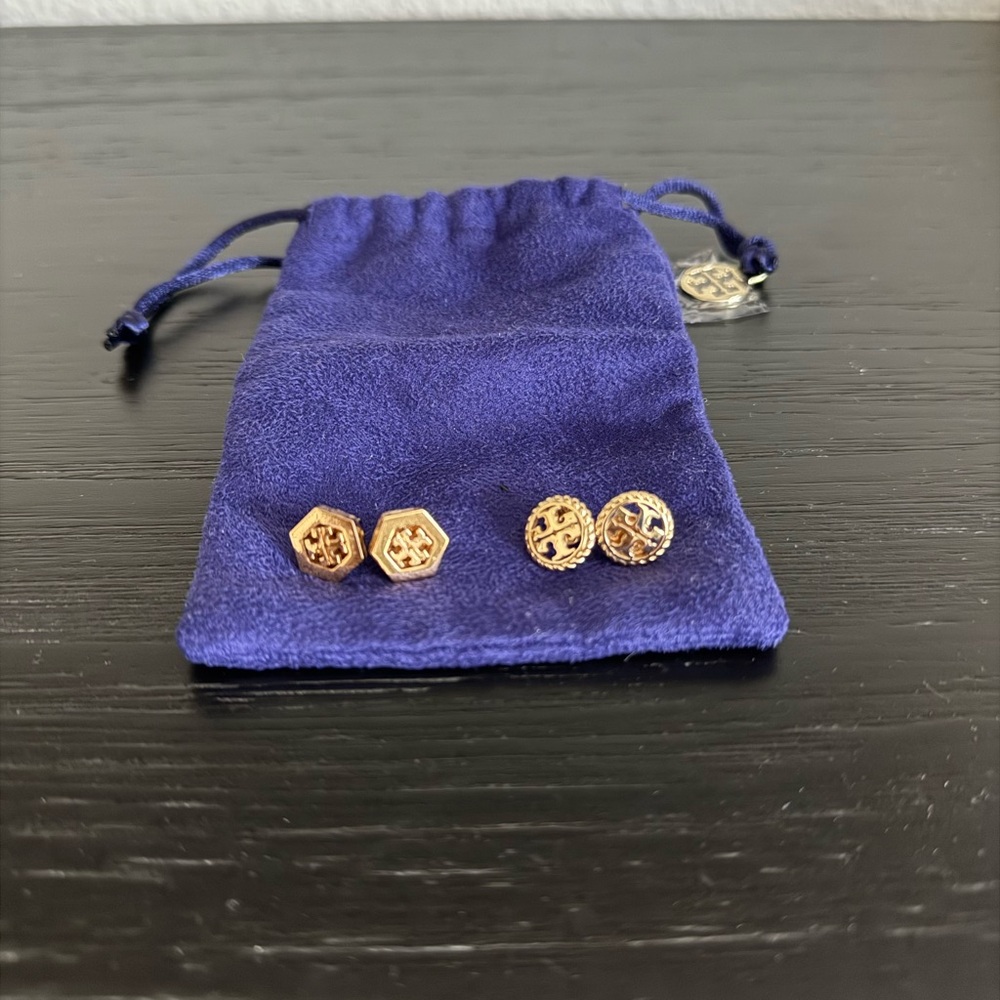 2 Pairs Gold Tory Burch Stud Earrings Set